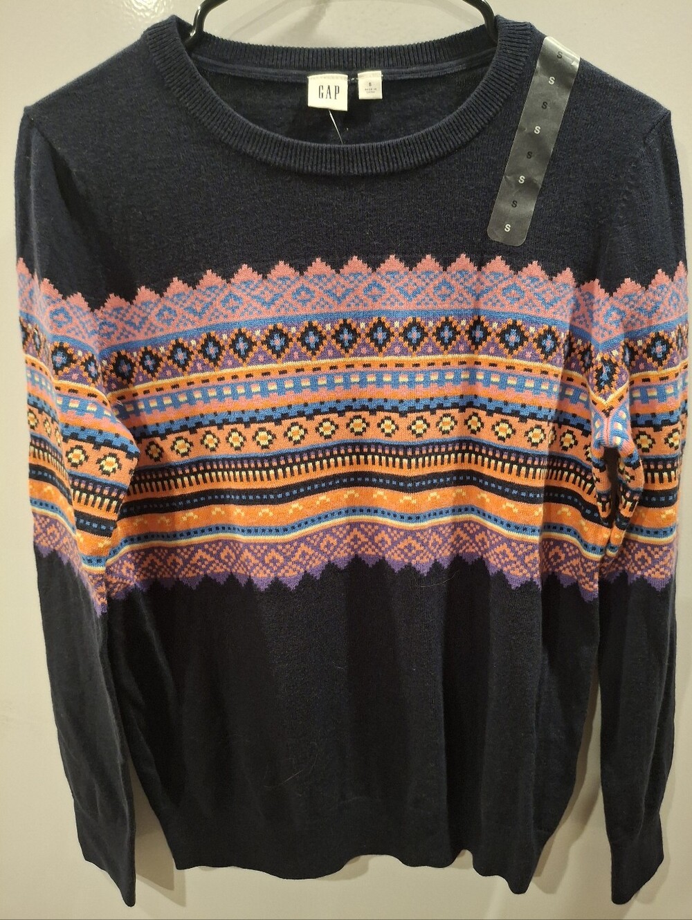 GAP Navy Crewneck Sweater with Pink, Orange and Blue Fair Isle